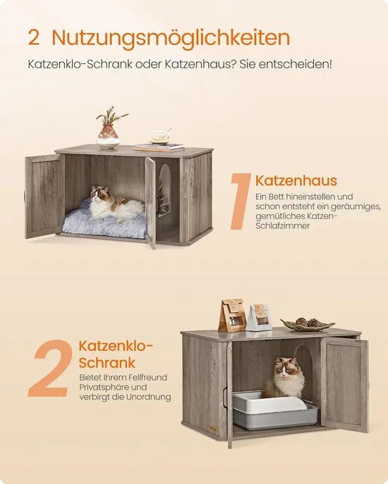 Furnstar Kattenhuis - Moderne kattenbakkast met vooringang - Dubbele deur en handgrepen - Als dressoir - 85 x 48,5 x 50 cm - Wolkenwit – Grijs gemêleerd