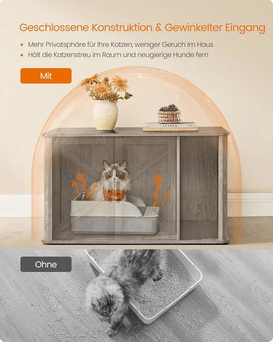 Furnstar Kattenhuis - Moderne kattenbakkast met vooringang - Dubbele deur en handgrepen - Als dressoir - 85 x 48,5 x 50 cm - Wolkenwit – Grijs gemêleerd