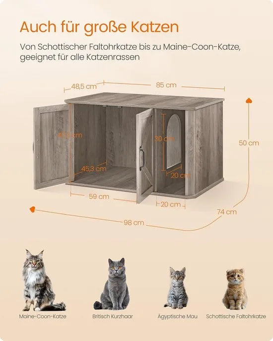 Furnstar Kattenhuis - Moderne kattenbakkast met vooringang - Dubbele deur en handgrepen - Als dressoir - 85 x 48,5 x 50 cm - Wolkenwit – Grijs gemêleerd