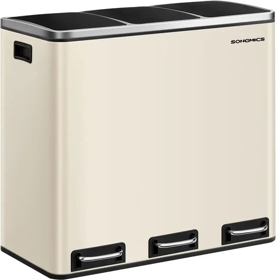 FurnStar Keuken Vuilnisbak- 3 x 18L Recyclingbak - Vuilnisbak met 3 compartimenten voor recycling - Afval, Voedselresten - Soft-Close Deksels, Pedalen, Binnenemmers, Staal - Zandbeige – Zand beige Model 1