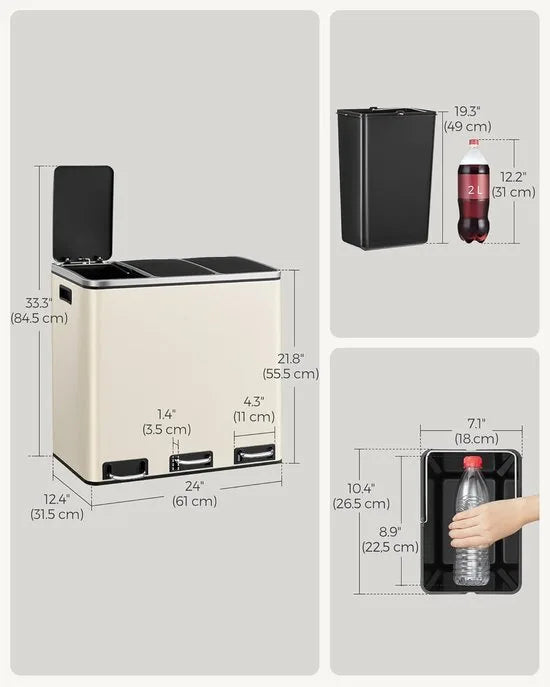 FurnStar Keuken Vuilnisbak- 3 x 18L Recyclingbak - Vuilnisbak met 3 compartimenten voor recycling - Afval, Voedselresten - Soft-Close Deksels, Pedalen, Binnenemmers, Staal - Zandbeige – Zand beige Model 1