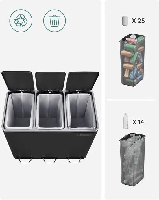 FurnStar Keuken Vuilnisbak- 3 x 18L Recyclingbak - Vuilnisbak met 3 compartimenten voor recycling - Afval, Voedselresten - Soft-Close Deksels, Pedalen, Binnenemmers, Staal - Zandbeige – Zandbeige Model 3