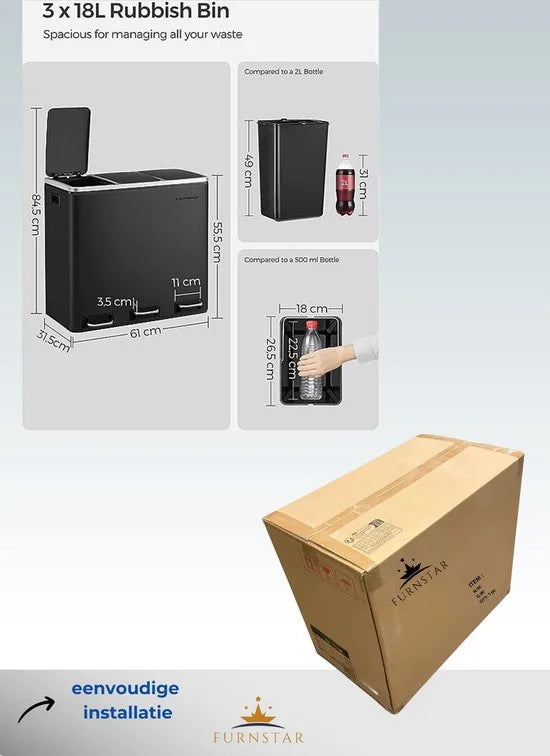 FurnStar Keuken Vuilnisbak- 3 x 18L Recyclingbak - Vuilnisbak met 3 compartimenten voor recycling - Afval, Voedselresten - Soft-Close Deksels, Pedalen, Binnenemmers, Staal - Zandbeige – Zandbeige Model 3