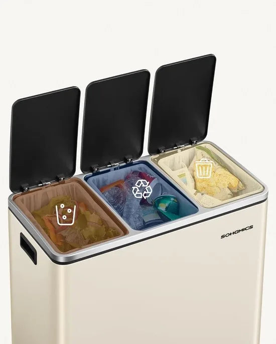 FurnStar Keuken Vuilnisbak- 3 x 18L Recyclingbak - Vuilnisbak met 3 compartimenten voor recycling - Afval, Voedselresten - Soft-Close Deksels, Pedalen, Binnenemmers, Staal - Zandbeige – Zand beige Model 1