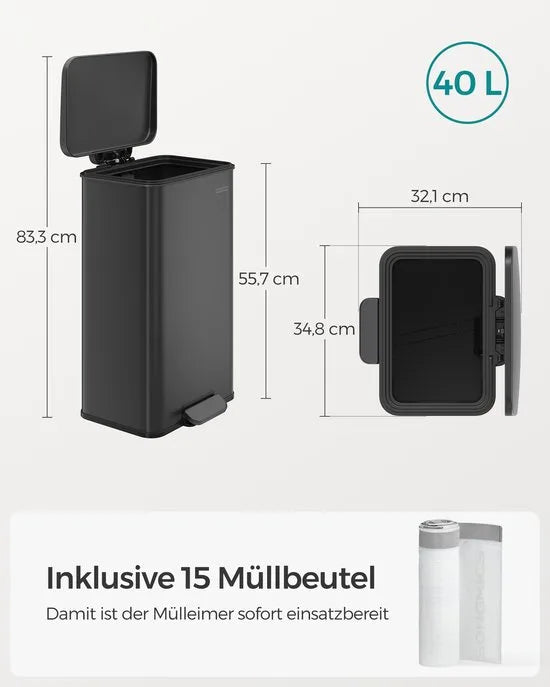 FurnStar – Keukenpedaalemmer 40L – Grote Afvalbak met Soft-Close Deksel – Staal – Inclusief 15 Vuilniszakken– 34,8 x 32,1 x 55,7 cm – Zwart