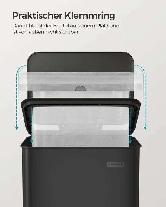 FurnStar – Keukenpedaalemmer 40L – Grote Afvalbak met Soft-Close Deksel – Staal – Inclusief 15 Vuilniszakken– 34,8 x 32,1 x 55,7 cm – Zwart