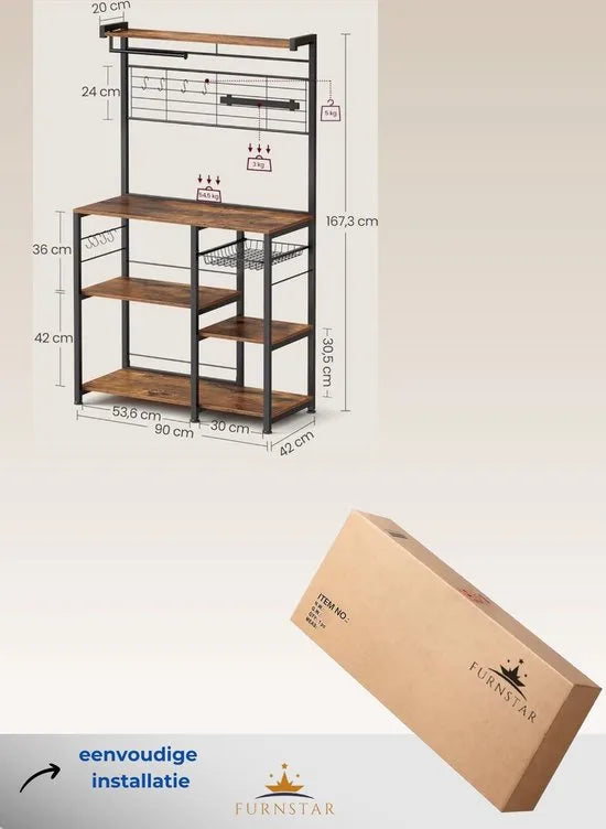 FurnStar - Keukenrek - Staand rek - Werkblad keuken - Keukeneiland met magneetstrip voor messen - Draadmand - Keukenrolhouder - 12 haken - Ebbenhout - Wit – Vintabruin + zwart.