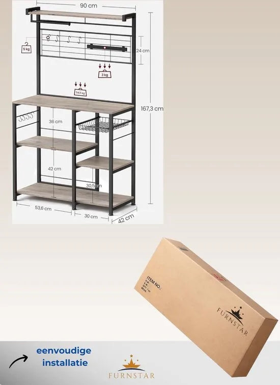 FurnStar - Keukenrek - Staand rek - Werkblad keuken - Keukeneiland met magneetstrip voor messen - Draadmand - Keukenrolhouder - 12 haken - Ebbenhout - Wit – Grijs + zwart