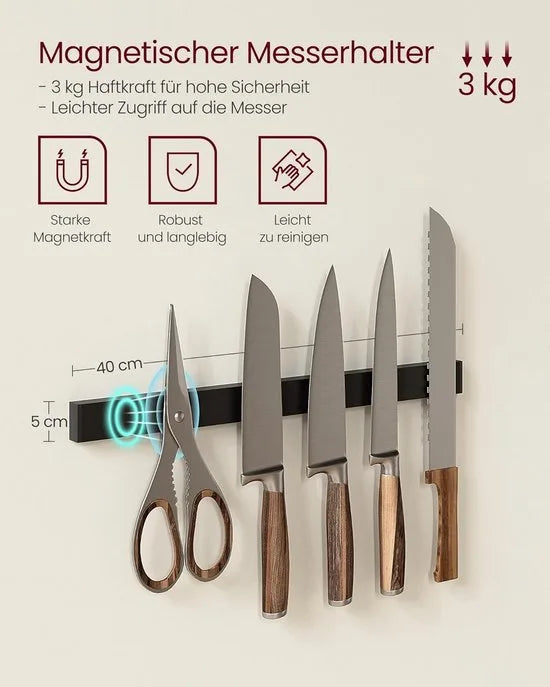 FurnStar - Keukenrek - Staand rek - Werkblad keuken - Keukeneiland met magneetstrip voor messen - Draadmand - Keukenrolhouder - 12 haken - Ebbenhout - Wit – Vintabruin + zwart.