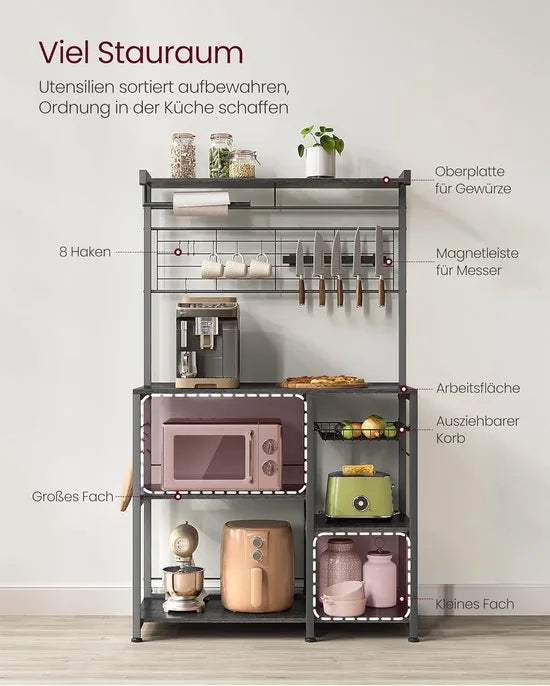 FurnStar - Keukenrek - Staand rek - Werkblad keuken - Keukeneiland met magneetstrip voor messen - Draadmand - Keukenrolhouder - 12 haken - Ebbenhout - Wit – Zwart