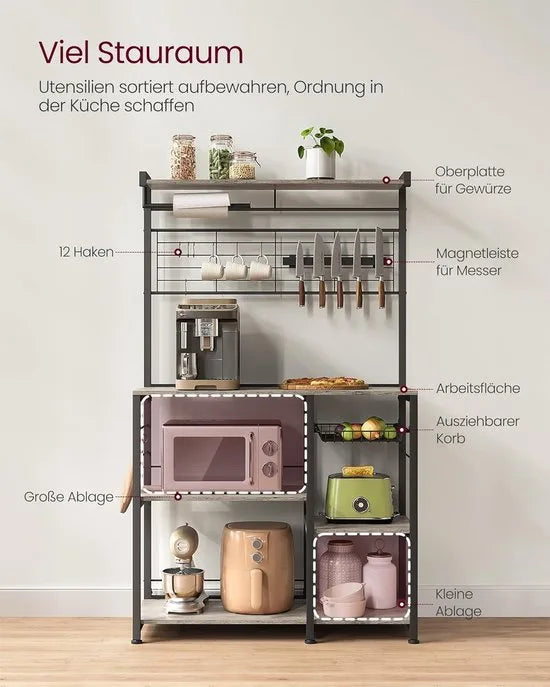 FurnStar - Keukenrek - Staand rek - Werkblad keuken - Keukeneiland met magneetstrip voor messen - Draadmand - Keukenrolhouder - 12 haken - Ebbenhout - Wit – Grijs + zwart