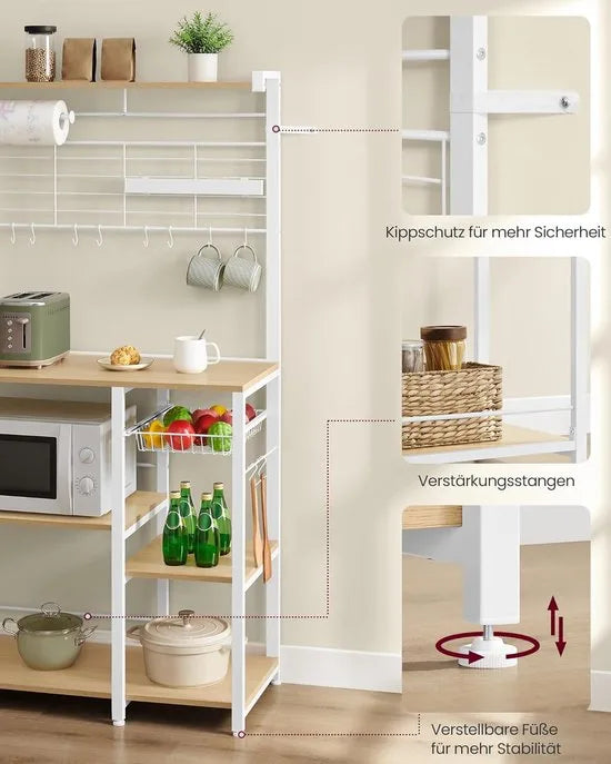 FurnStar - Keukenrek - Staand rek - Werkblad keuken - Keukeneiland met magneetstrip voor messen - Draadmand - Keukenrolhouder - 12 haken - Ebbenhout - Wit