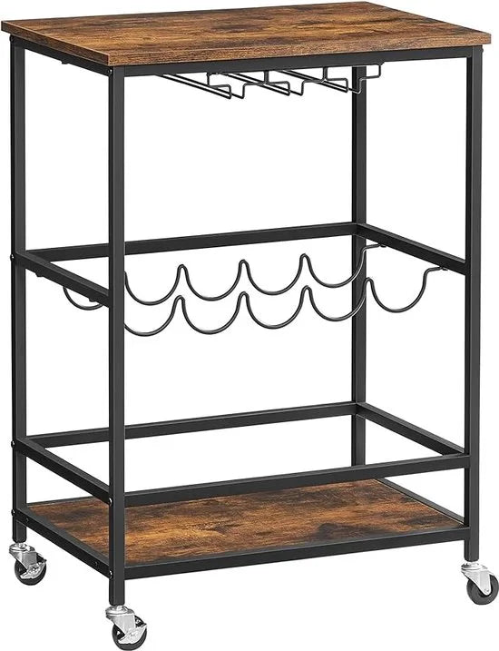 FurnStar - Keukentrolley - Keukentrolley Op Wieltjes - Serveerwagen - Multifunctionele Trolley - Barwagen - Wijnrek - Vintage Bruin - Zwart - 40 x 60 x 82 cm