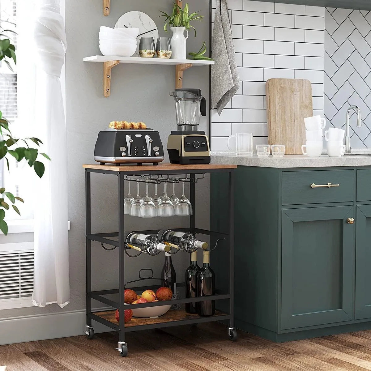 FurnStar - Keukentrolley - Keukentrolley Op Wieltjes - Serveerwagen - Multifunctionele Trolley - Barwagen - Wijnrek - Vintage Bruin - Zwart - 40 x 60 x 82 cm
