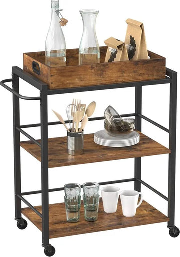 FurnStar - Keukentrolley op wieltjes - Serveerwagen - 3 Planken - Multifunctionelle Trolley - vintage bruin - zwart - 65 x 40 x 86 cm