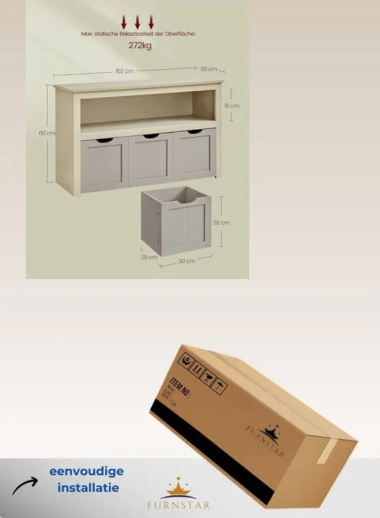FurnStar Kinderrek – Speelgoedopslag met Wieltjes – Opbergkast voor Kinderen – Speelgoedrek met Opbergdozen – 102 x 30 x 60 cm – Zandbeige