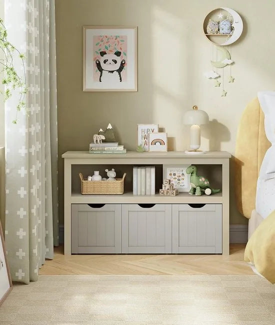 FurnStar Kinderrek – Speelgoedopslag met Wieltjes – Opbergkast voor Kinderen – Speelgoedrek met Opbergdozen – 102 x 30 x 60 cm – Zandbeige