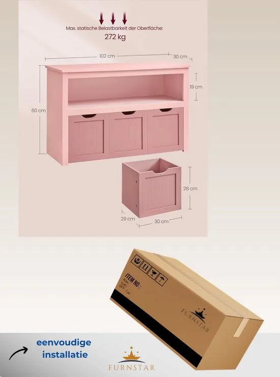 FurnStar - Kinderrek - Speelgoedopslag voor kinderen - Opbergkast - Speelgoedkast - Opbergdoos met wieltjes - Speelgoedrek - Voor kinderkamer - 102 x 30 x 60 cm - Pastelroze