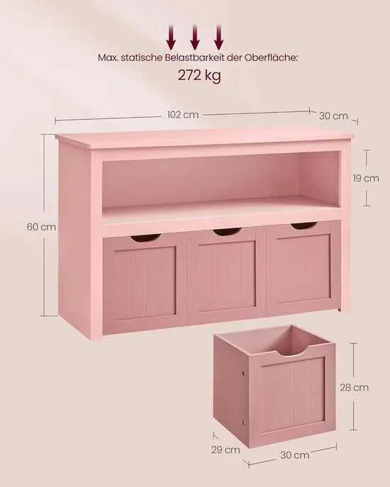 FurnStar - Kinderrek - Speelgoedopslag voor kinderen - Opbergkast - Speelgoedkast - Opbergdoos met wieltjes - Speelgoedrek - Voor kinderkamer - 102 x 30 x 60 cm - Pastelroze – Pastelroze