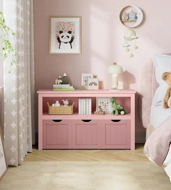 FurnStar - Kinderrek - Speelgoedopslag voor kinderen - Opbergkast - Speelgoedkast - Opbergdoos met wieltjes - Speelgoedrek - Voor kinderkamer - 102 x 30 x 60 cm - Pastelroze