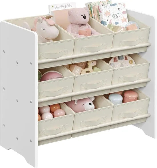 Furnstar - Kinderrek - Speelgoedrek - Boekenrek voor kinderen - Met 9 opbergdozen van vliesstof - Voor ruime kinderkamer - 29,5 x 62,5 x 60 cm - Wolkenwit