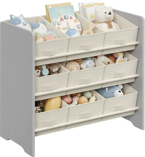 Furnstar - Kinderrek - Speelgoedrek - Boekenrek voor kinderen - Met 9 opbergdozen van vliesstof - Voor ruime kinderkamer - 29,5 x 62,5 x 60 cm - Wolkenwit – Duifgrijs