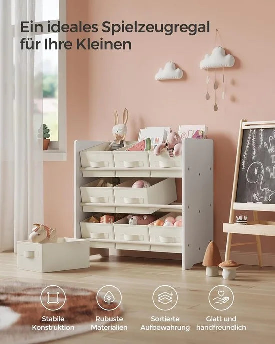 Furnstar - Kinderrek - Speelgoedrek - Boekenrek voor kinderen - Met 9 opbergdozen van vliesstof - Voor ruime kinderkamer - 29,5 x 62,5 x 60 cm - Wolkenwit