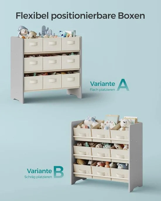 Furnstar - Kinderrek - Speelgoedrek - Boekenrek voor kinderen - Met 9 opbergdozen van vliesstof - Voor ruime kinderkamer - 29,5 x 62,5 x 60 cm - Wolkenwit – Duifgrijs