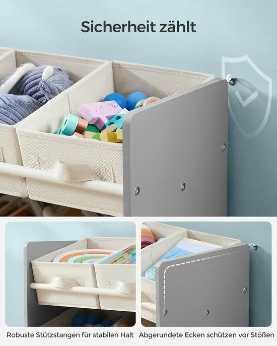 Furnstar - Kinderrek - Speelgoedrek - Boekenrek voor kinderen - Met 9 opbergdozen van vliesstof - Voor ruime kinderkamer - 29,5 x 62,5 x 60 cm - Wolkenwit – Duifgrijs
