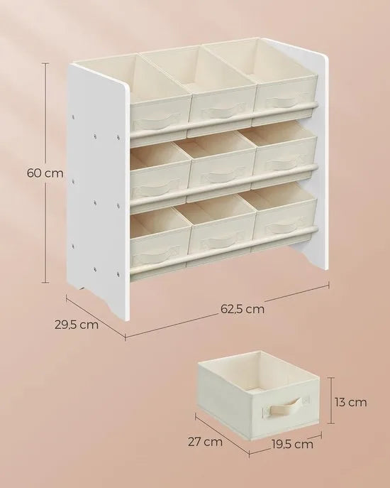Furnstar - Kinderrek - Speelgoedrek - Boekenrek voor kinderen - Met 9 opbergdozen van vliesstof - Voor ruime kinderkamer - 29,5 x 62,5 x 60 cm - Wolkenwit