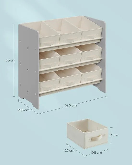Furnstar - Kinderrek - Speelgoedrek - Boekenrek voor kinderen - Met 9 opbergdozen van vliesstof - Ruime opbergruimte - 29,5 x 62,5 x 60 cm - Duifgrijs