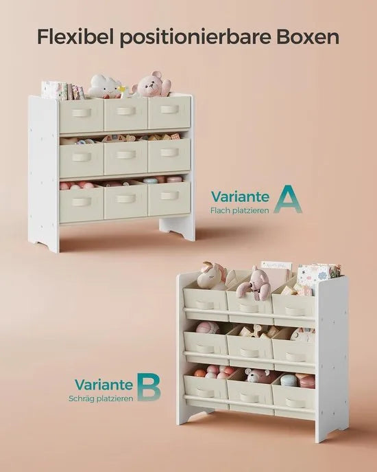 Furnstar - Kinderrek - Speelgoedrek - Boekenrek voor kinderen - Met 9 opbergdozen van vliesstof - Voor ruime kinderkamer - 29,5 x 62,5 x 60 cm - Wolkenwit