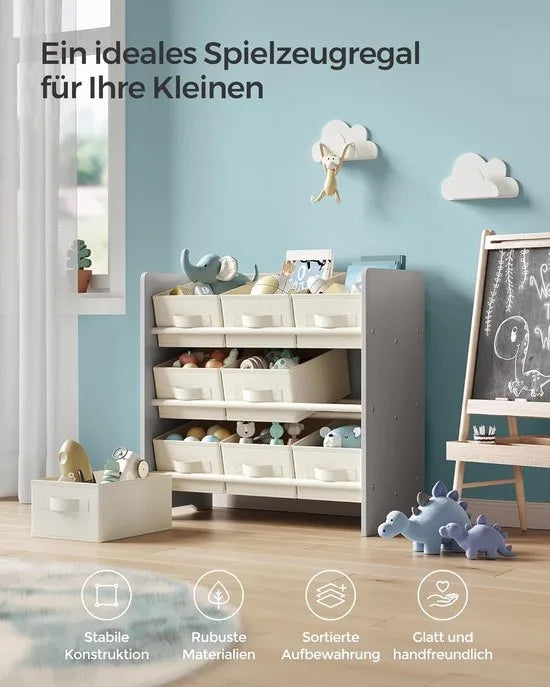 Furnstar - Kinderrek - Speelgoedrek - Boekenrek voor kinderen - Met 9 opbergdozen van vliesstof - Voor ruime kinderkamer - 29,5 x 62,5 x 60 cm - Wolkenwit – Duifgrijs