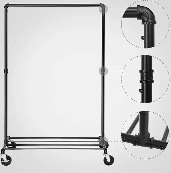 FurnStar - Kledinghangers - Kledingrek Metaal - Kledingrek Op Wieltjes - 49D x 100W x 163H cm - Kledingrek Wit – Zwart