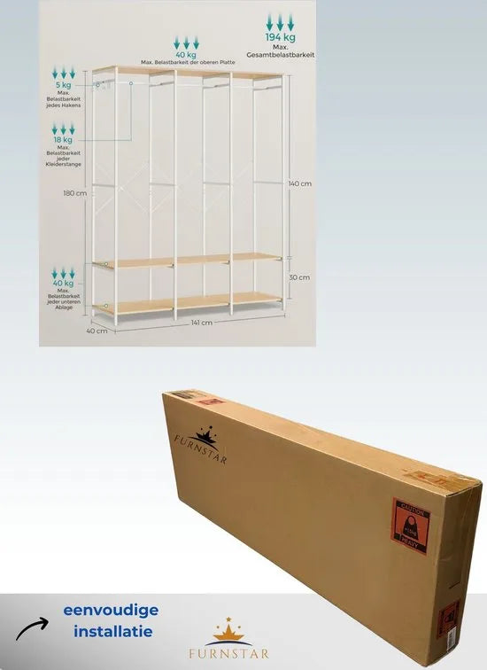 FurnStar - Kledinghangers - Kledingrek Metaal - Schoenenrek- Kledingkasten Slaapkamer - 40 x 94.5 x 180 cm - Kledingrek Beige – Natuurlijk beige 40 x 141 x 180cm