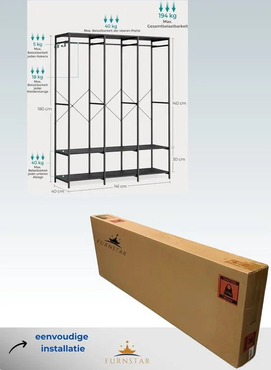 FurnStar - Kledinghangers - Kledingrek Metaal - Schoenenrek- Kledingkasten Slaapkamer - 40 x 94.5 x 180 cm - Kledingrek Beige – Zwart 40 x 141 x 180cm