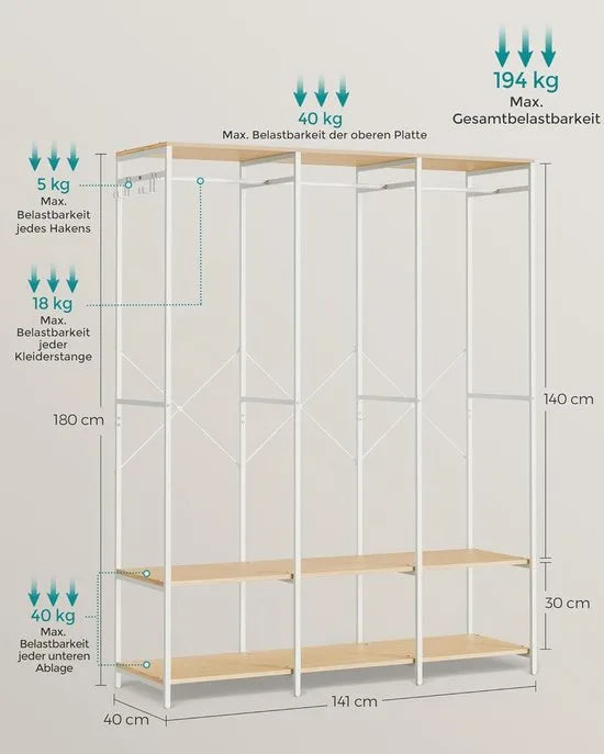 FurnStar - Kledinghangers - Kledingrek Metaal - Schoenenrek- Kledingkasten Slaapkamer - 40 x 94.5 x 180 cm - Kledingrek Beige – Natuurlijk beige 40 x 141 x 180cm