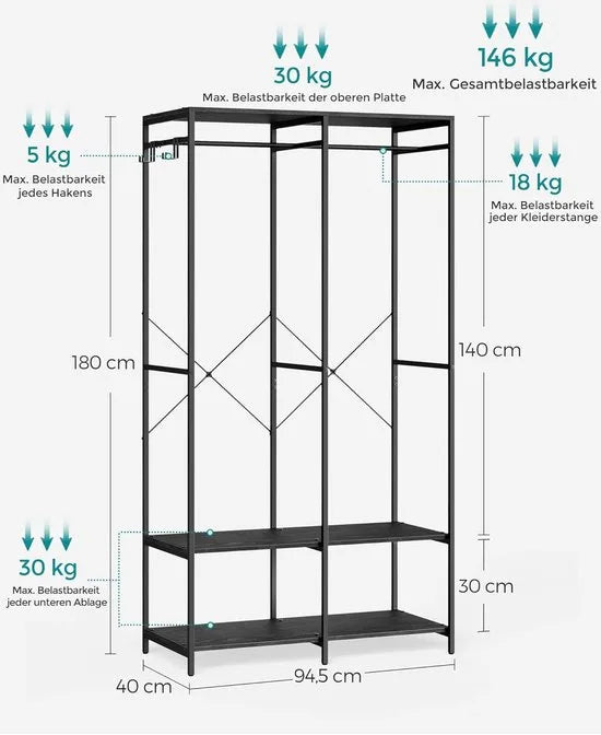 FurnStar - Kledinghangers - Kledingrek Metaal - Schoenenrek- Kledingkasten Slaapkamer - 40 x 94.5 x 180 cm - Kledingrek Beige – Zwart 40 x 94.5 x 180cm