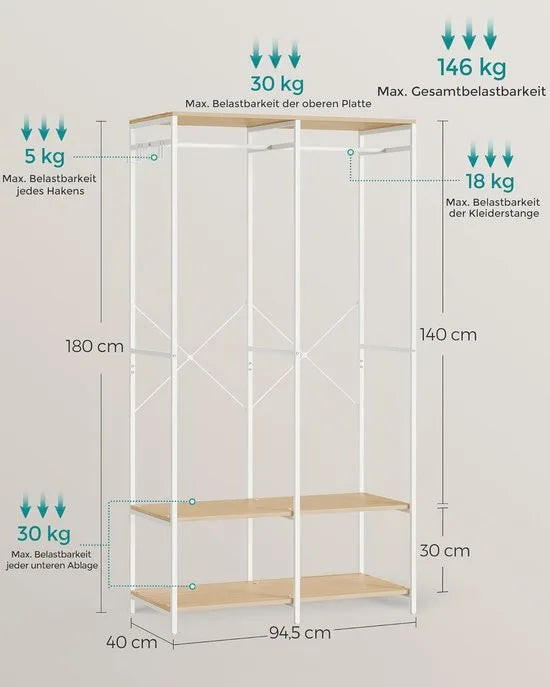 FurnStar - Kledinghangers - Kledingrek Metaal - Schoenenrek- Kledingkasten Slaapkamer - 40 x 94.5 x 180 cm - Kledingrek Beige