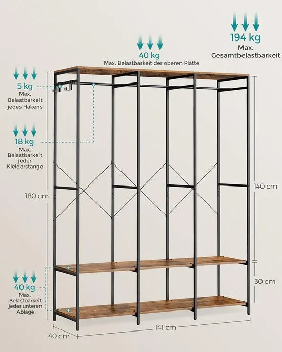 FurnStar - Kledinghangers - Kledingrek Metaal - Schoenenrek- Kledingkasten Slaapkamer - 40 x 94.5 x 180 cm - Kledingrek Beige – Vintage bruin 40 x 141 x 180cm