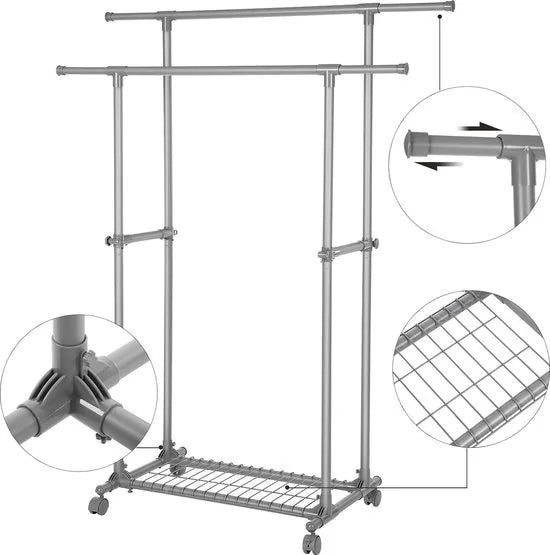 FurnStar - Kledinghangers - Kledingrek Metaal - Schoenenrek - Kledingkasten Slaapkamer - 87 tot 150 cm met wielen en opbergruimte - Kledingrek Sjaals Grijs
