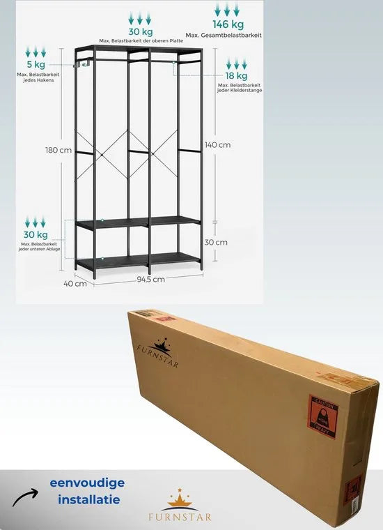 FurnStar - Kledinghangers - Kledingrek Metaal - Schoenenrek- Kledingkasten Slaapkamer - 40 x 94.5 x 180 cm - Kledingrek Beige – Zwart 40 x 94.5 x 180cm