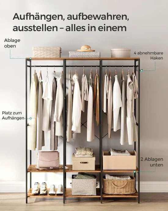 FurnStar - Kledinghangers - Kledingrek Metaal - Schoenenrek- Kledingkasten Slaapkamer - 40 x 94.5 x 180 cm - Kledingrek Beige – Vintage bruin 40 x 141 x 180cm