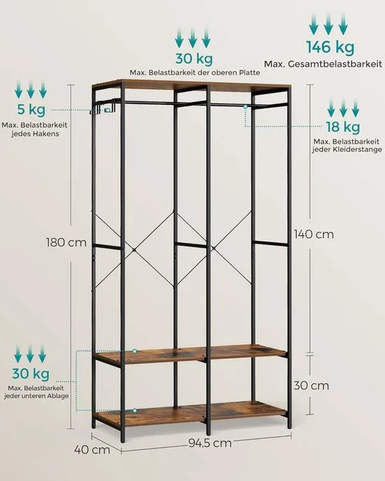 FurnStar - Kledinghangers - Kledingrek Metaal - Schoenenrek- Kledingkasten Slaapkamer - 40 x 94.5 x 180 cm - Kledingrek Beige – Vintagebruin 40 x 94.5 x 180cm