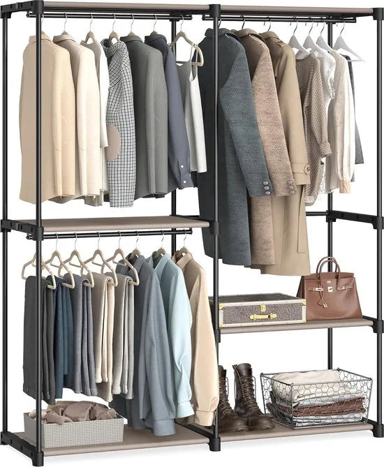 FurnStar - Kledingkast - kledingkast - vrijstaande garderobe - met kledingstangen - kapstok - stoffen planken - metalen frame - 138 x 43 x 182 cm - Zwart – Taupe