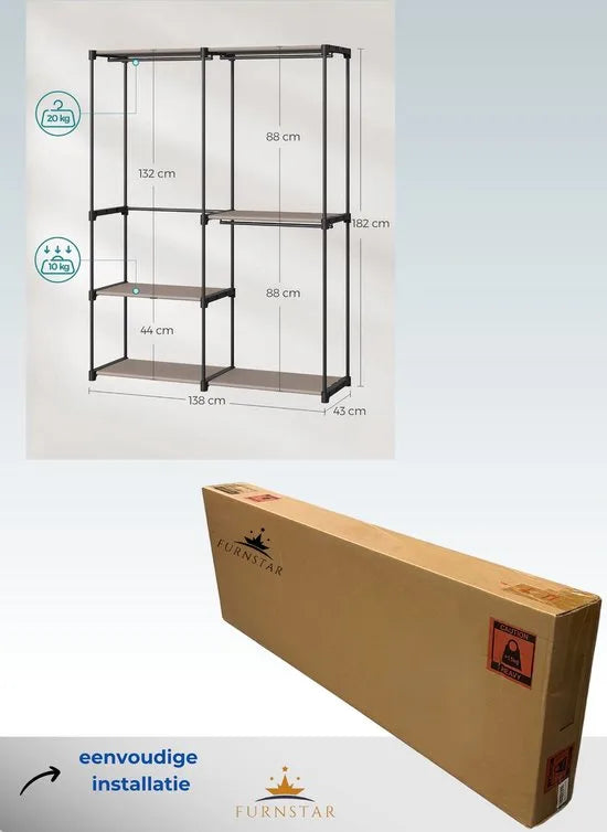 FurnStar - Kledingkast - kledingkast - vrijstaande garderobe - met kledingstangen - kapstok - stoffen planken - metalen frame - 138 x 43 x 182 cm - Zwart – Taupe
