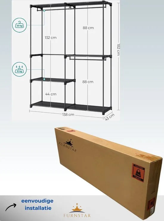 FurnStar - Kledingkast - kledingkast - vrijstaande garderobe - met kledingstangen - kapstok - stoffen planken - metalen frame - 138 x 43 x 182 cm - Zwart