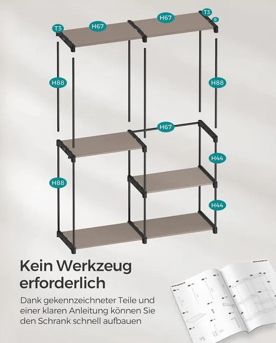 FurnStar - Kledingkast - kledingkast - vrijstaande garderobe - met kledingstangen - kapstok - stoffen planken - metalen frame - 138 x 43 x 182 cm - Zwart – Taupe