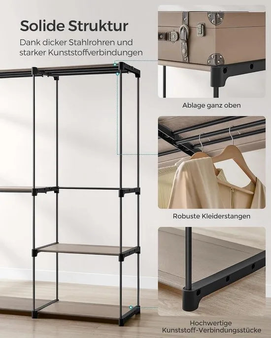 FurnStar - Kledingkast - kledingkast - vrijstaande garderobe - met kledingstangen - kapstok - stoffen planken - metalen frame - 138 x 43 x 182 cm - Zwart – Taupe