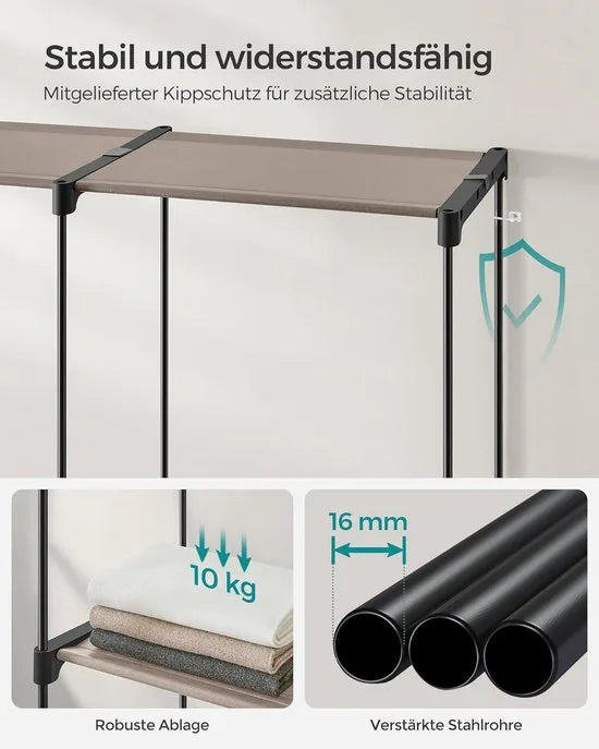 FurnStar - Kledingkast - kledingkast - vrijstaande garderobe - met kledingstangen - kapstok - stoffen planken - metalen frame - 138 x 43 x 182 cm - Zwart – Taupe